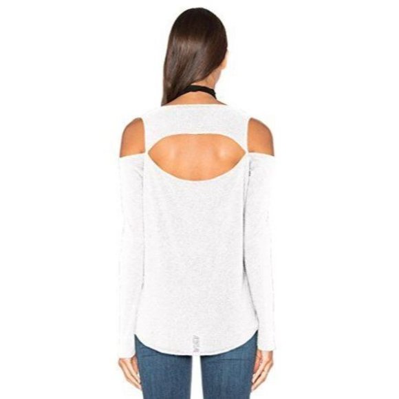CHASER LA Long Sleeve WHITE Ribbed V-Neck Cold Shoulder TOP Shirt CutOut Back S - Picture 2 of 2